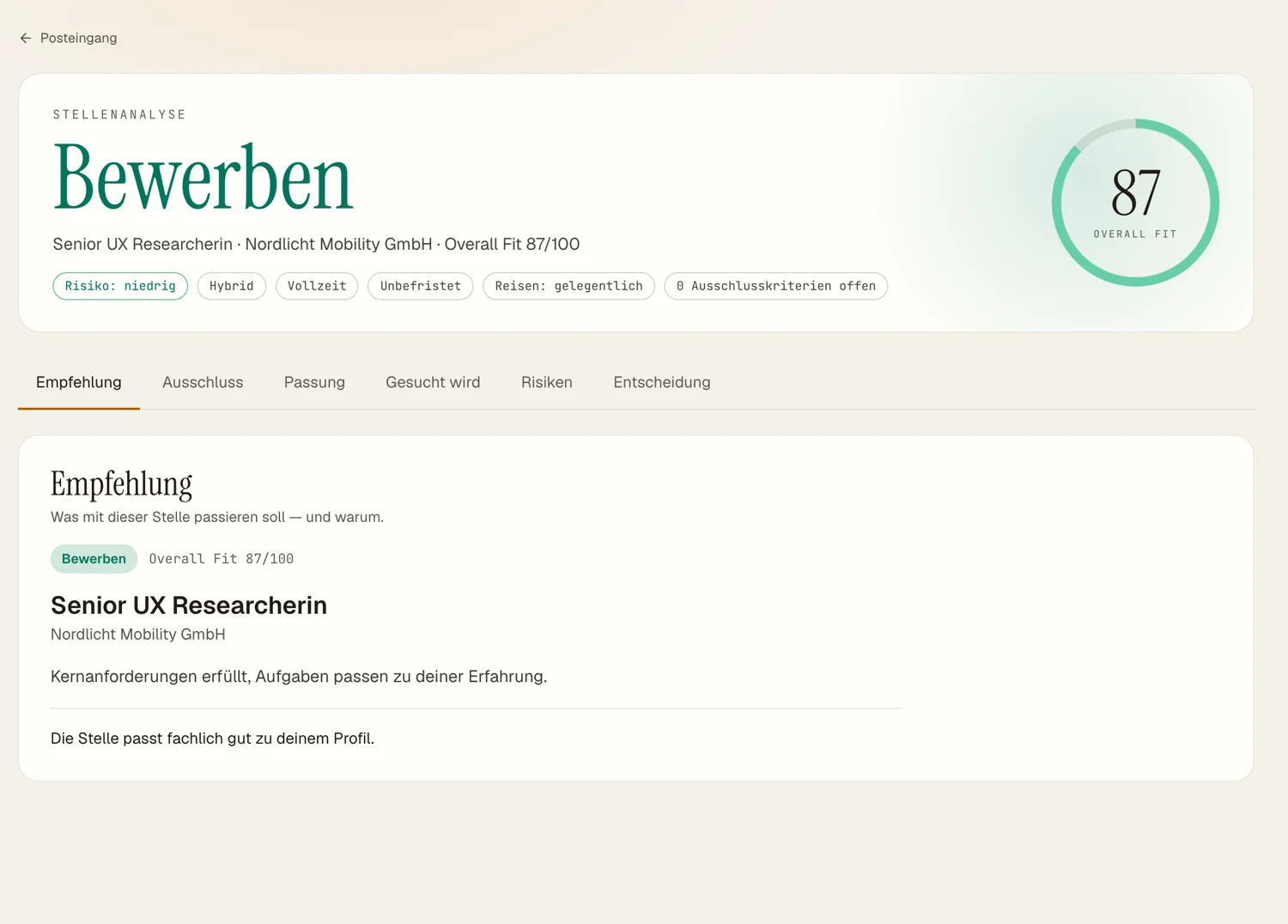 Stellenanalyse mit Empfehlung, Overall Fit und Reitern