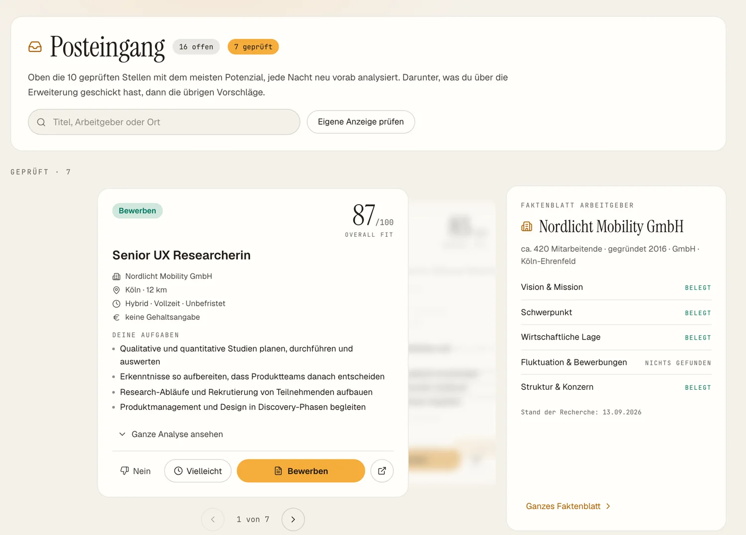 Posteingang mit Karussell der geprüften Stellen und dem Faktenblatt des Arbeitgebers