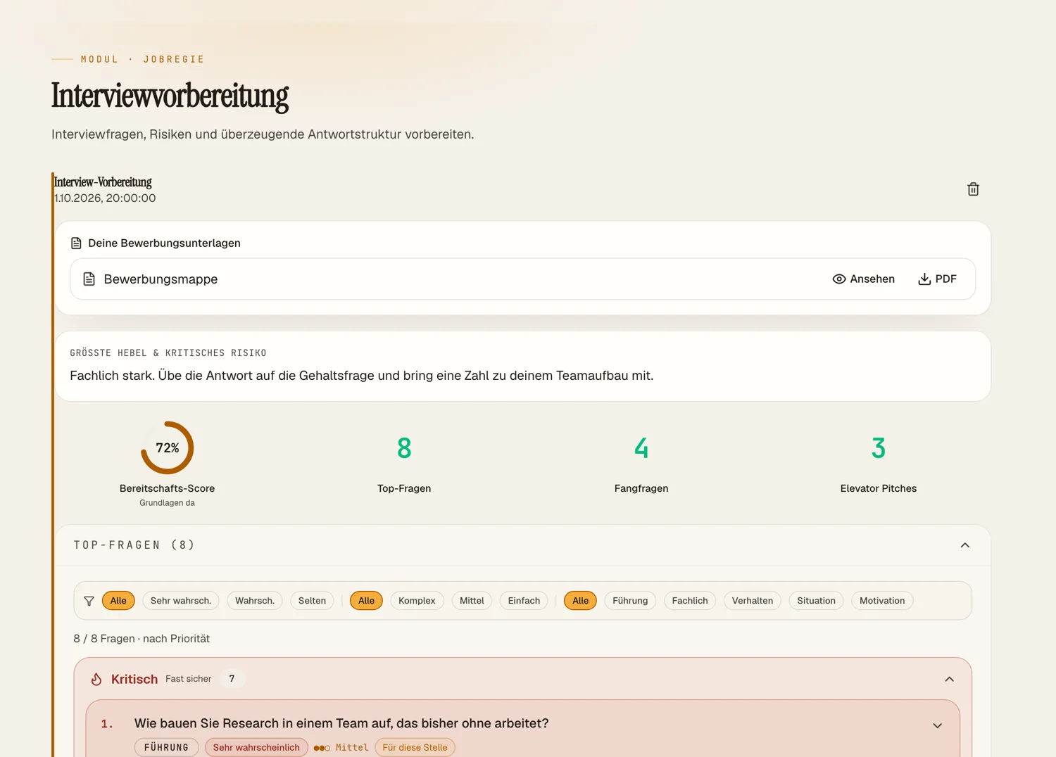 Interview-Vorbereitung mit Bereitschafts-Score und Top-Fragen